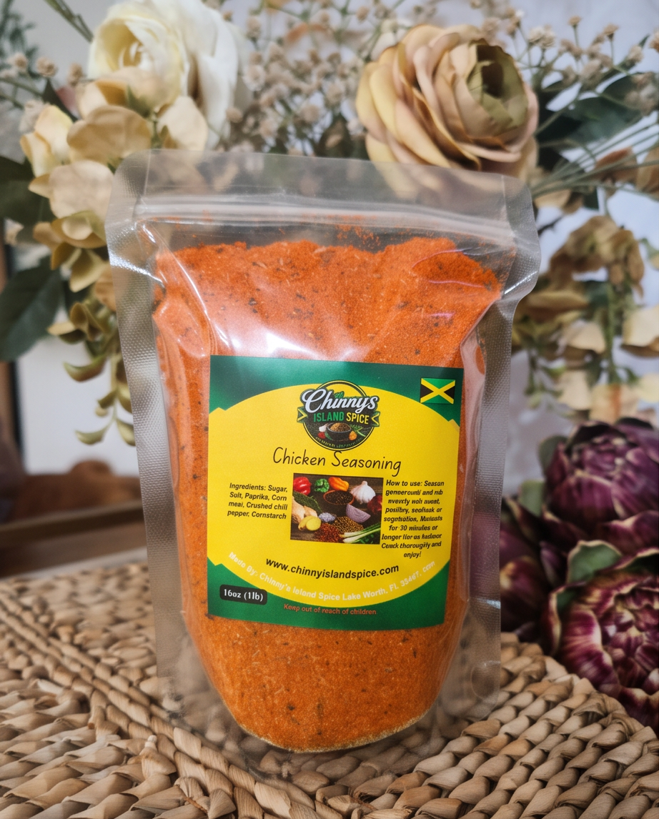 Chinny’s Island Spice Chicken Seasoning 1 lb pouch on rustic kitchen table