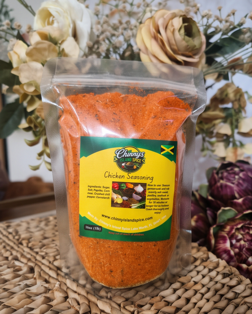 Chinny’s Island Spice Chicken Seasoning 1 lb pouch on rustic kitchen table