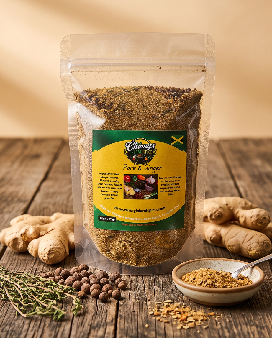 Chinny’s Island Spice Pork and Ginger seasoning pouch in kitchen