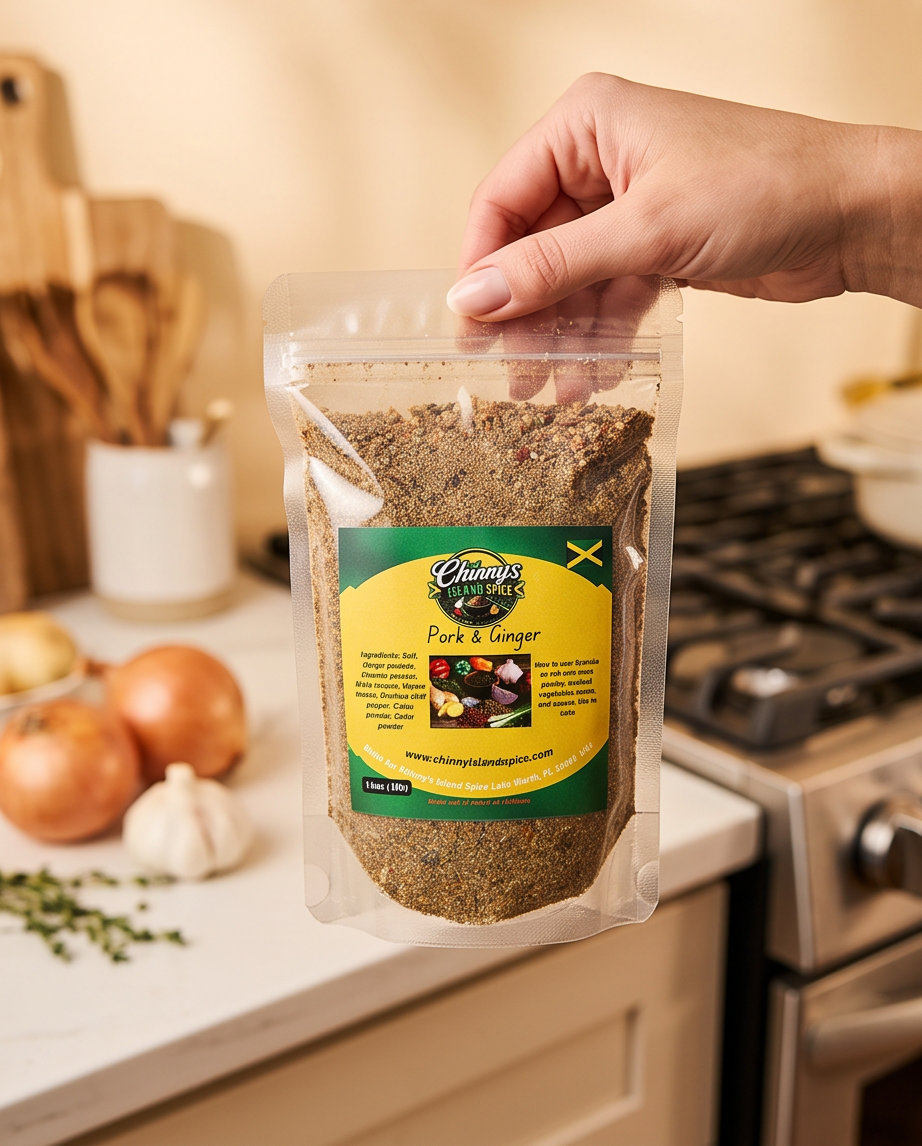 Pork and Ginger seasoning pouch with ginger roots and spices