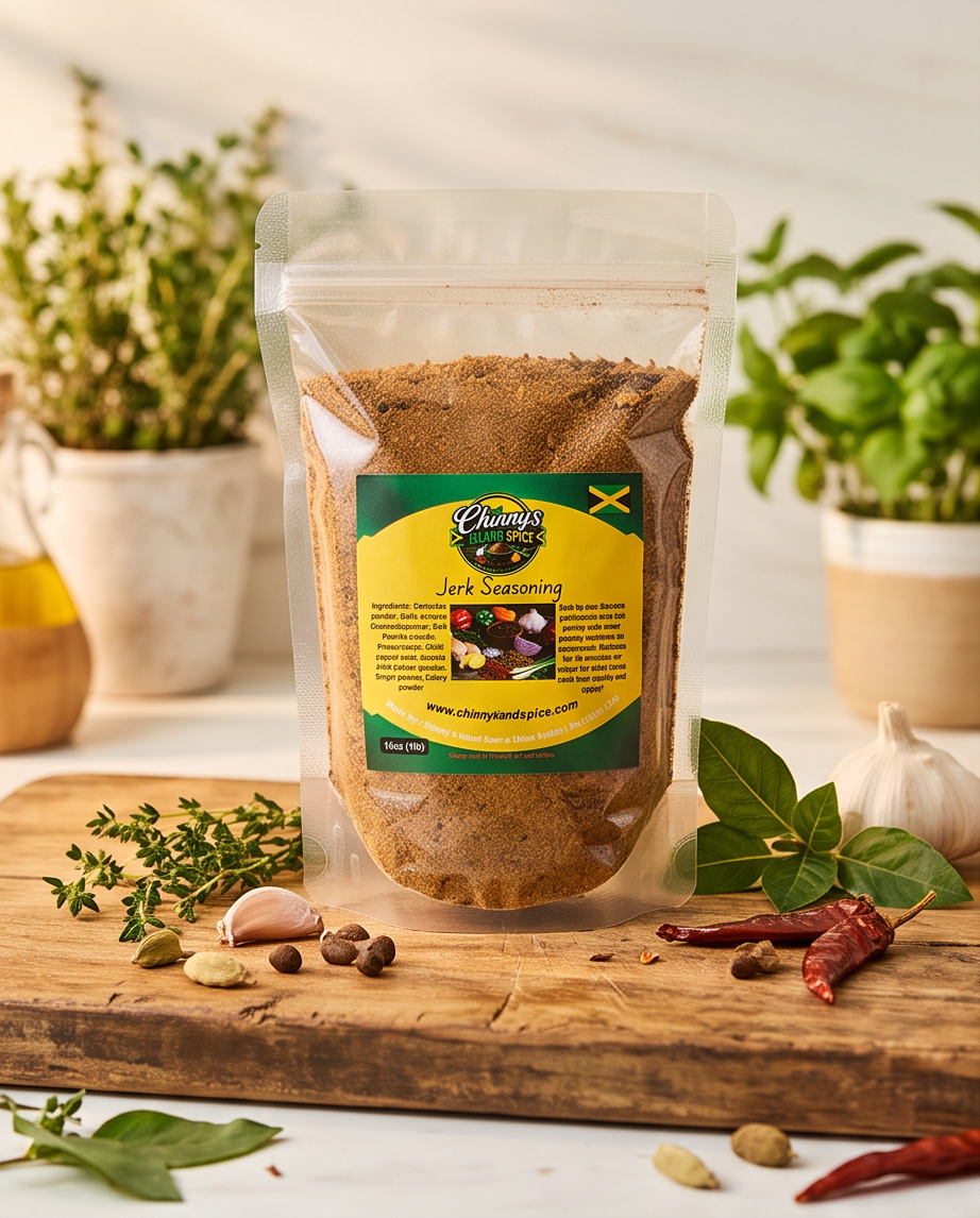 Chinny’s Island Spice Jerk Seasoning pouch on cutting board