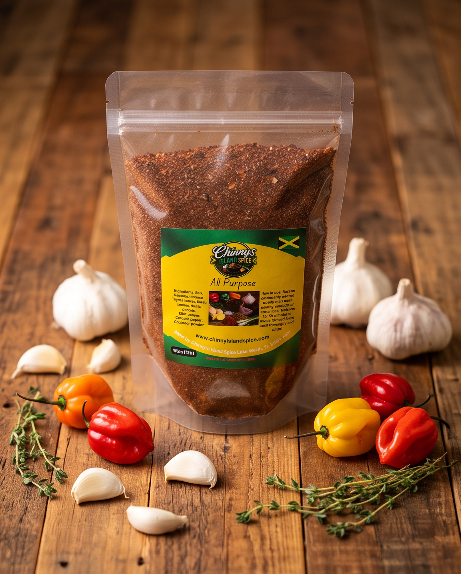 All Purpose 16oz bag sitting on counter with fresh peppers garlic