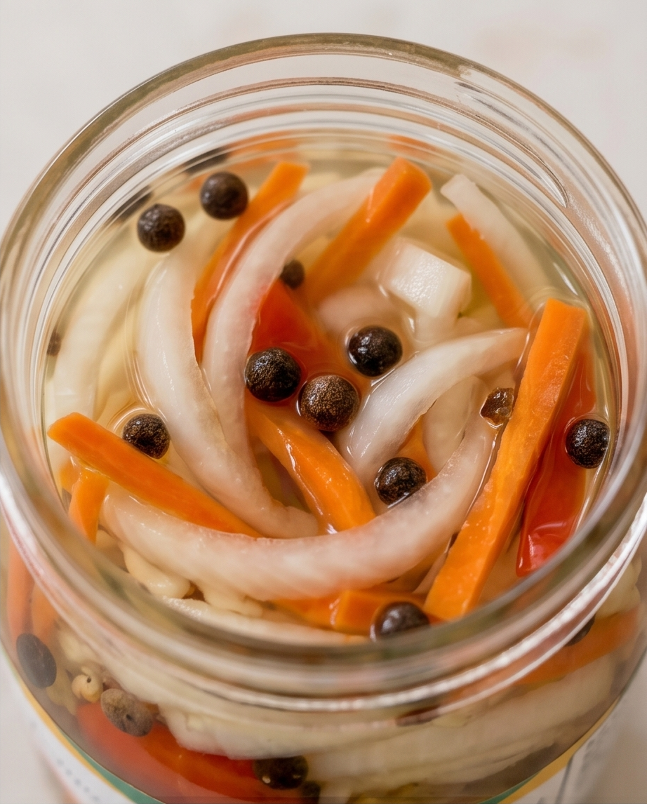 open jar showing vegetables in sauce
