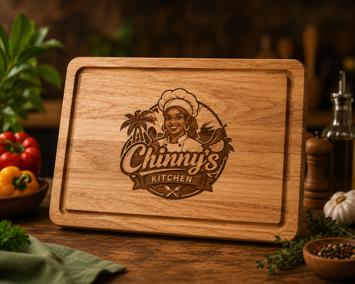 Wooden cutting board with 'Chinny's Kitchen' logo on a rustic kitchen background
