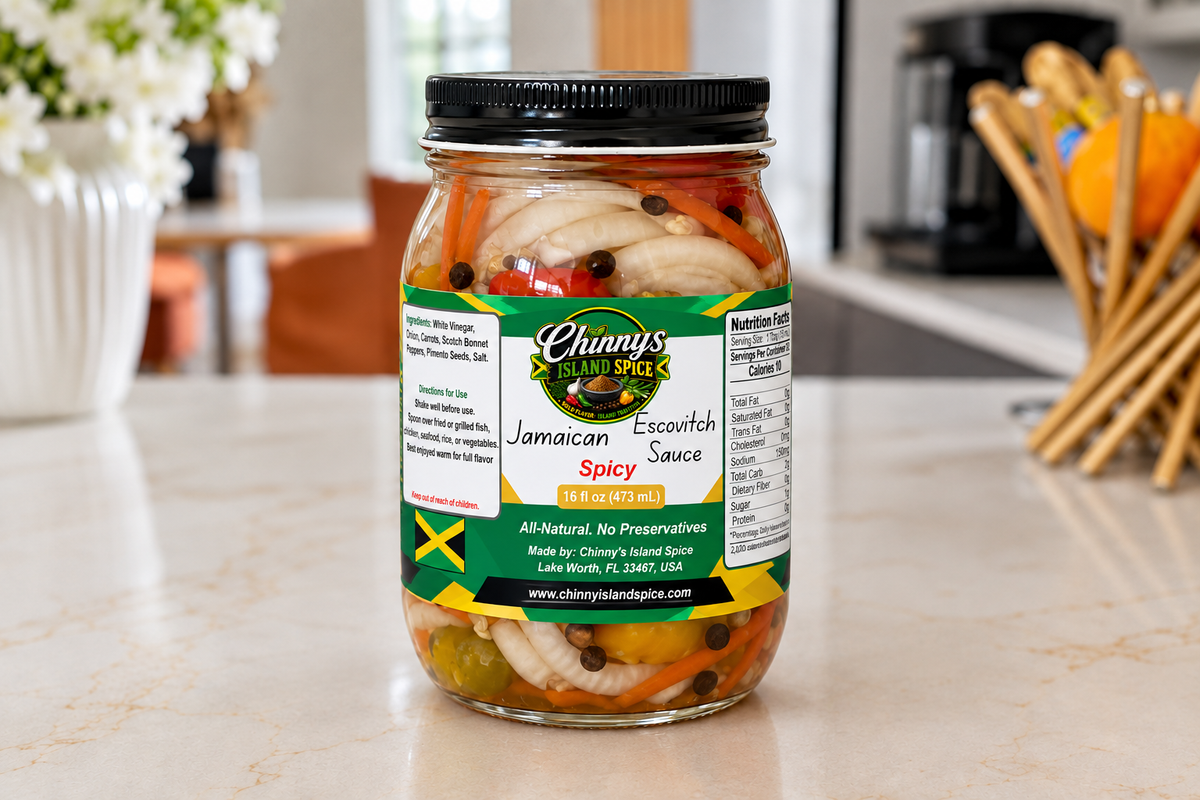 Escovitch Sauce jar mockup with the new Chinny’s Island Spice label
