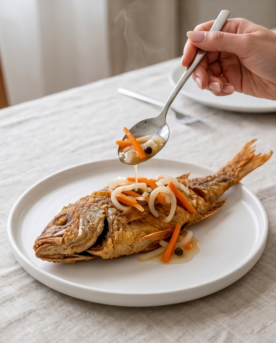 Person drizzling sauce over a cooked fish dish on a white plate.