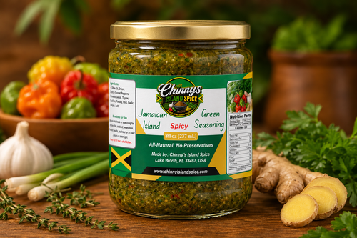 Green seasoning jar mockup with Chinny’s Island Spice label
