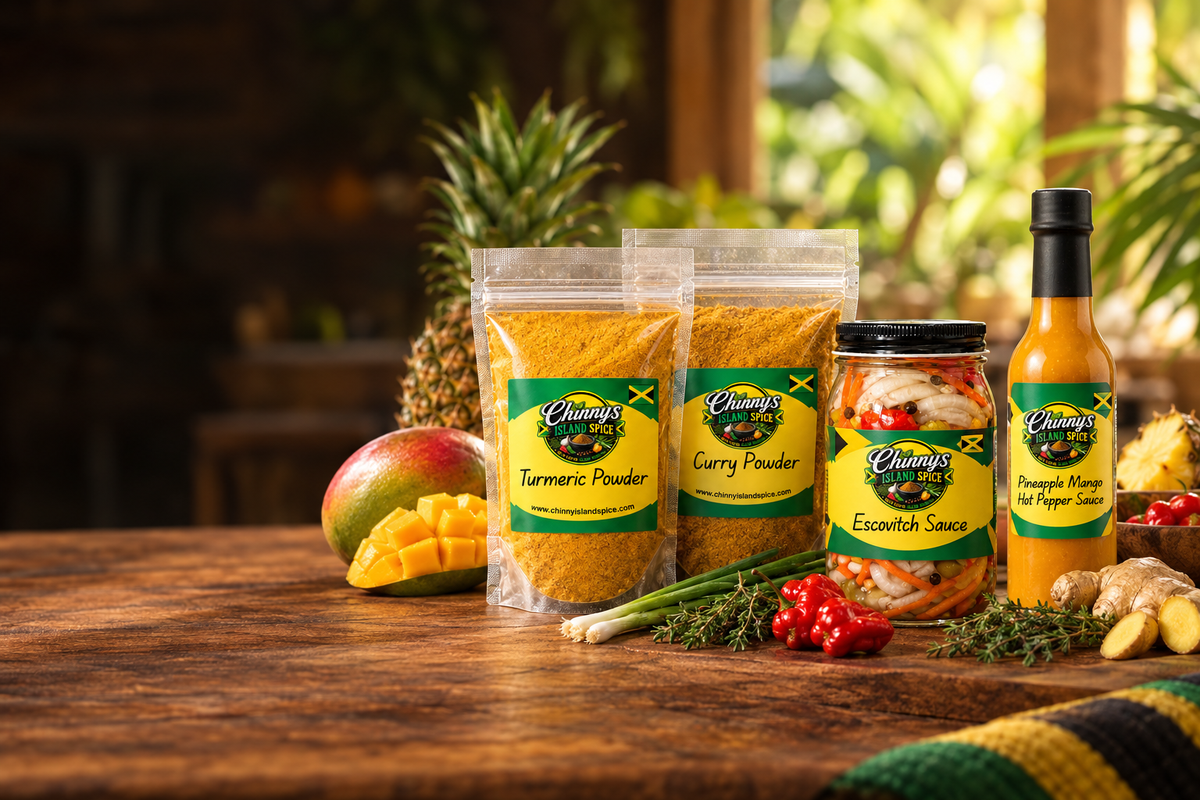 Homepage banner featuring Chinny’s Island Spice sauces and seasoning pouches