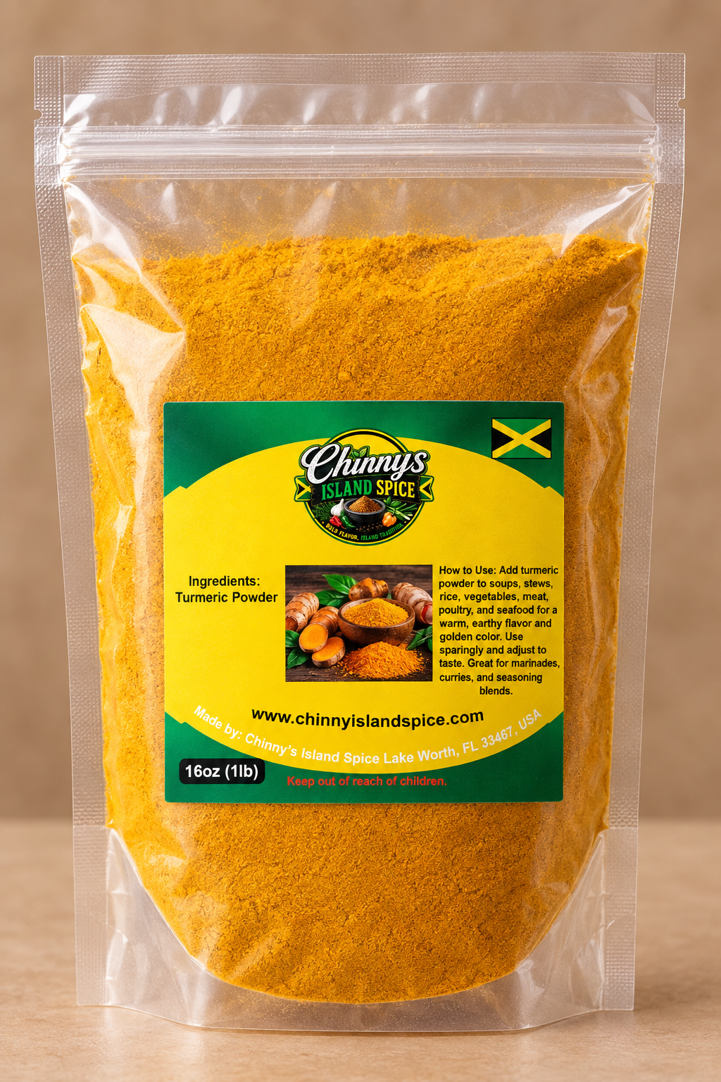 Chinny’s Island Spice Turmeric Powder 16 oz (1 lb) pouch mockup