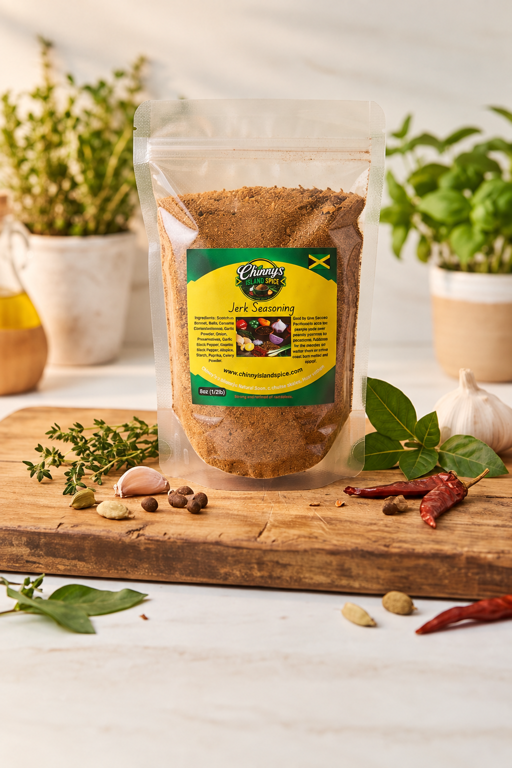 Jerk Seasoning bag with 8 oz (½ lb) weight label
