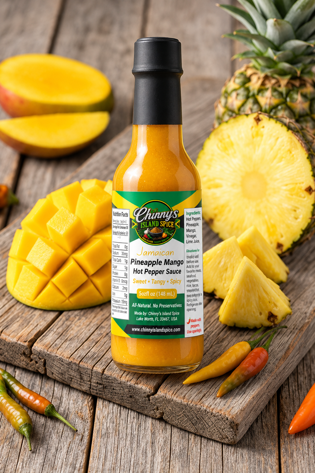Pineapple Mango sauce with updated label beside mango and pineapple